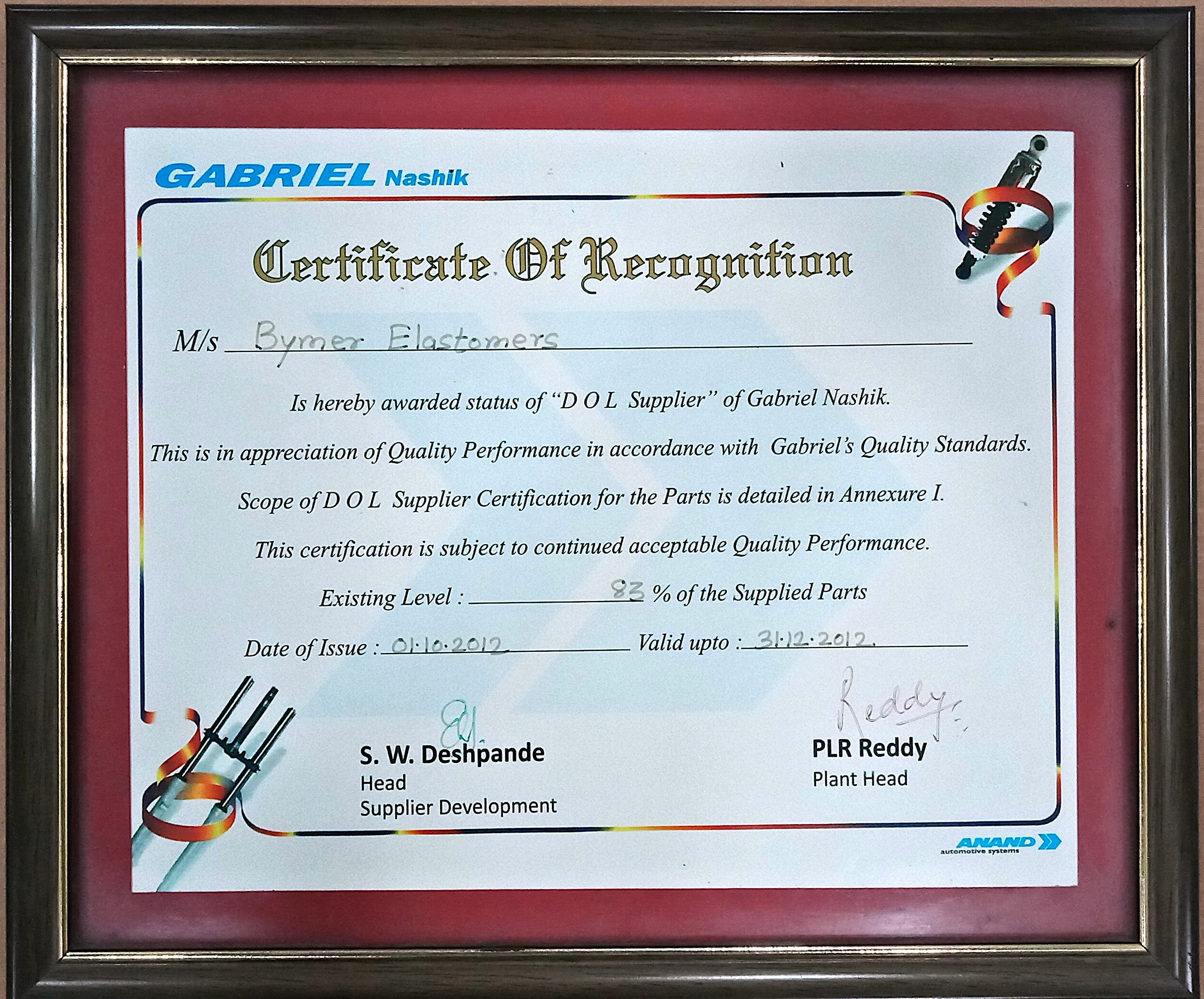 Certificate of Recognition from Gabriel India Ltd., Nashik