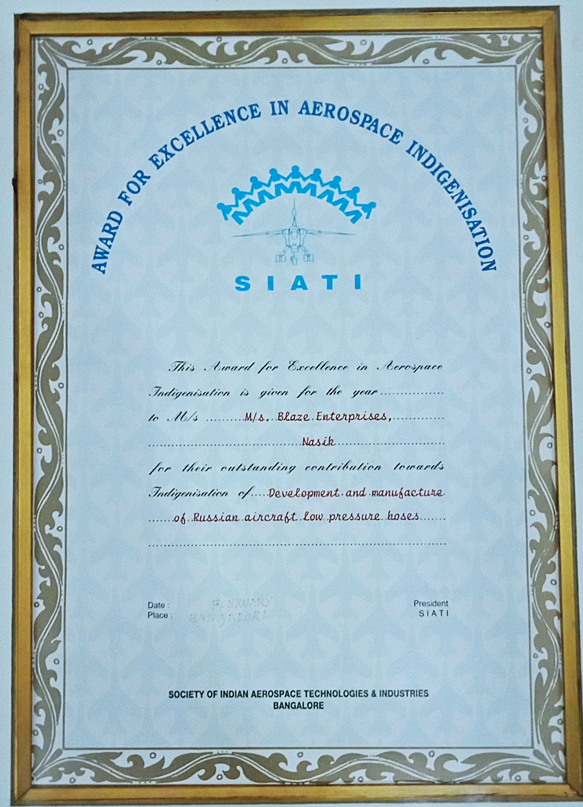Award for Excellence in Aerospace Indigenisation by SIATI
